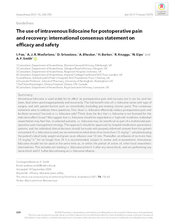 The use of intravenous lidocaine for postoperative pain and recovery: international consensus statement on efficacy and safety Thumbnail