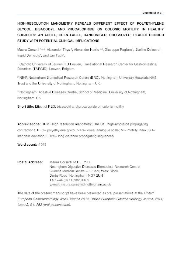 High-resolution manometry reveals different effect of polyethylene glycol, bisacodyl and prucalopride on colonic motility in healthy subjects: an acute, open label, randomised, crossover, reader blinded study with potential clinical implications Thumbnail