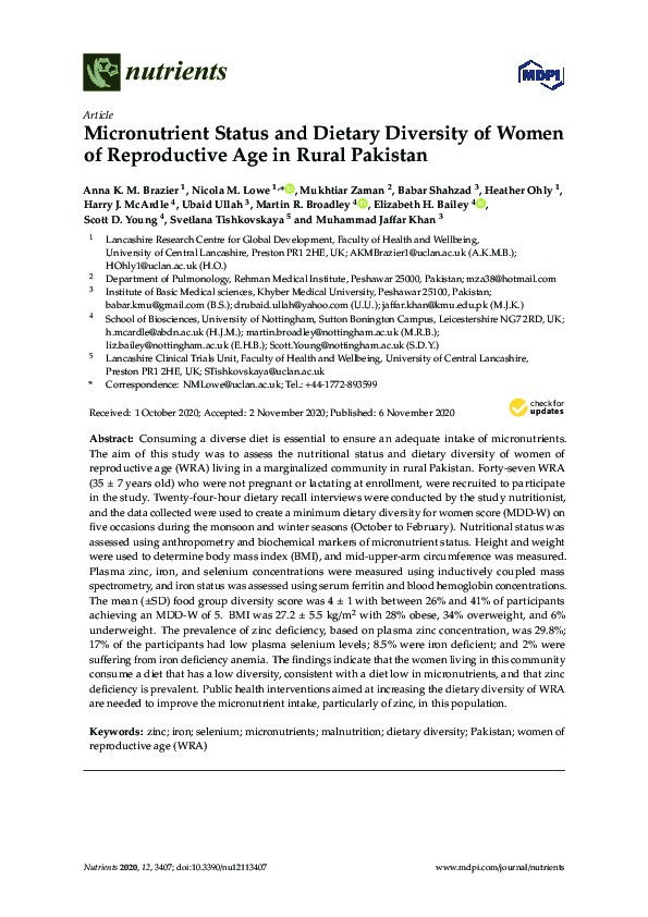 Micronutrient Status and Dietary Diversity of Women of Reproductive Age in Rural Pakistan Thumbnail