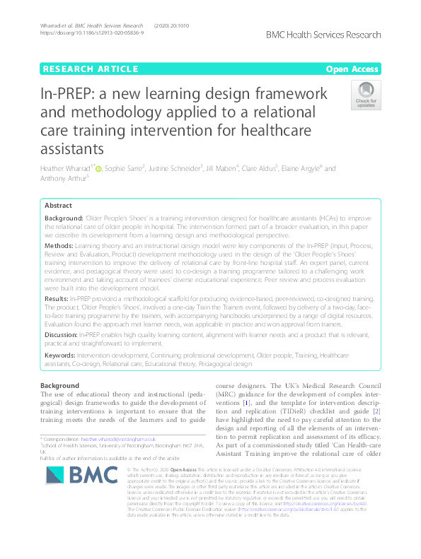 In-PREP: a new learning design framework and methodology applied to a relational care training intervention for healthcare assistants Thumbnail