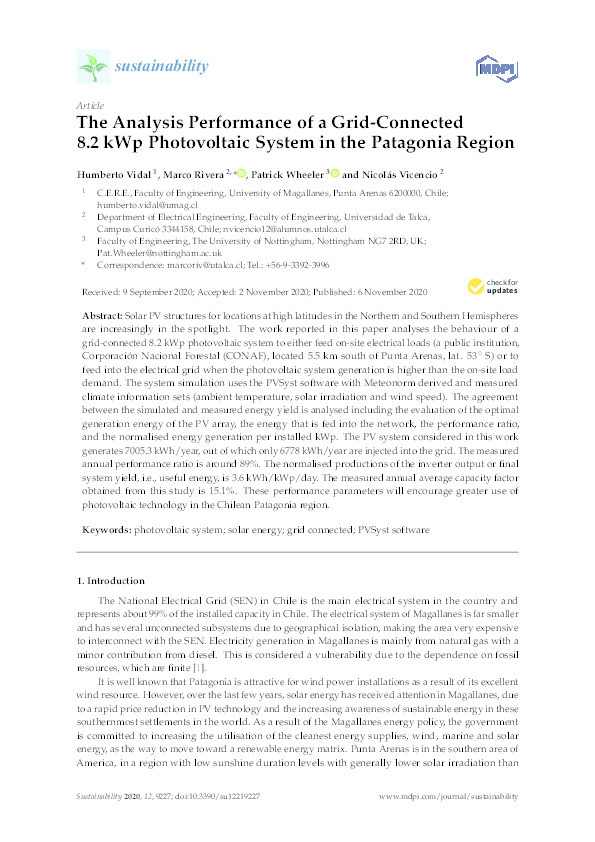 The Analysis Performance of a Grid-Connected 8.2 kWp Photovoltaic System in the Patagonia Region Thumbnail