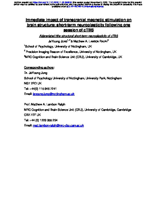 Immediate impact of transcranial magnetic stimulation on brain structure: short-term neuroplasticity following one session of cTBS Thumbnail
