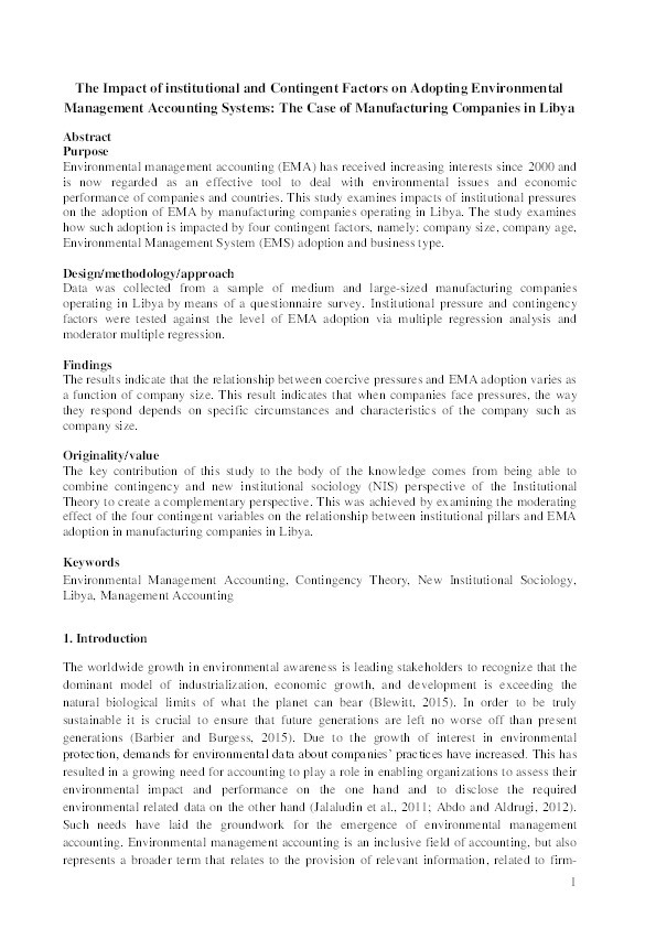 Impact of institutional and contingent factors on adopting environmental management accounting systems: the case of manufacturing companies in Libya Thumbnail