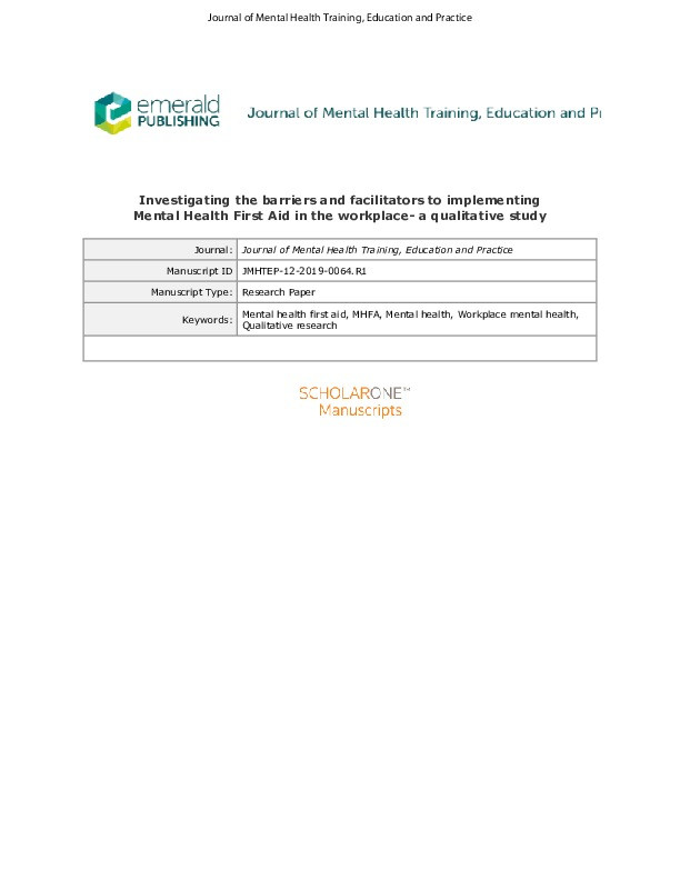Investigating the barriers and facilitators to implementing Mental Health First Aid in the workplace: a qualitative study Thumbnail
