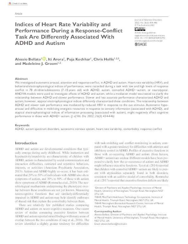 Indices of heart rate variability and performance during a response-conflict task are differently associated with ADHD and autism Thumbnail