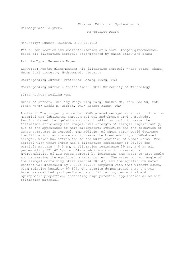 Fabrication and characterization of a novel konjac glucomannan-based air filtration aerogels strengthened by wheat straw and okara Thumbnail