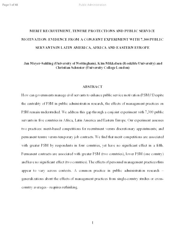 Merit recruitment, tenure protections and public service motivation: Evidence from a conjoint experiment with 7,300 public servants in Latin America, Africa and Eastern Europe Thumbnail