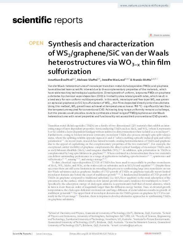 Synthesis and characterization of WS2/graphene/SiC van der Waals heterostructures via WO3−x thin film sulfurization Thumbnail