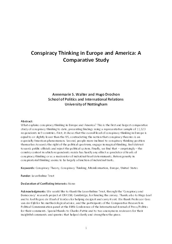Conspiracy Thinking in Europe and America: A Comparative Study Thumbnail
