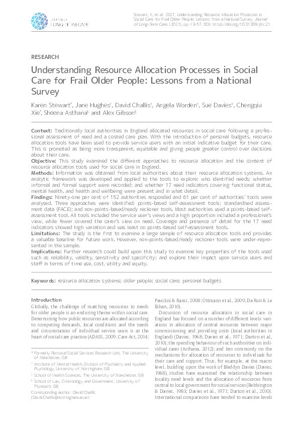 Understanding Resource Allocation Processes in Social Care for Frail Older People: Lessons from a National Survey Thumbnail