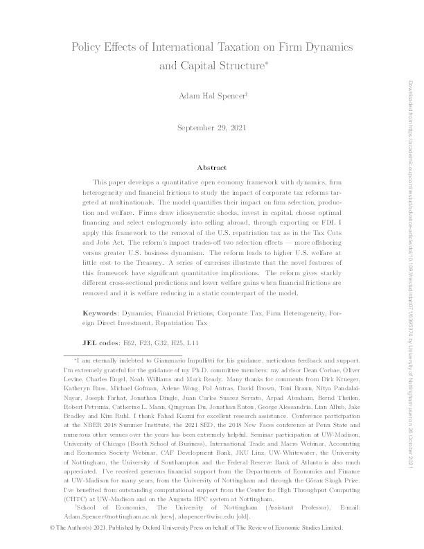 Policy Effects of International Taxation on Firm Dynamics and Capital Structure Thumbnail