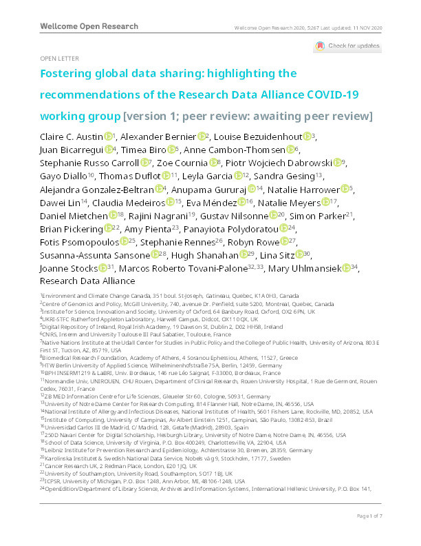 Fostering global data sharing: Highlighting the recommendations of the Research Data Alliance COVID-19 working group Thumbnail