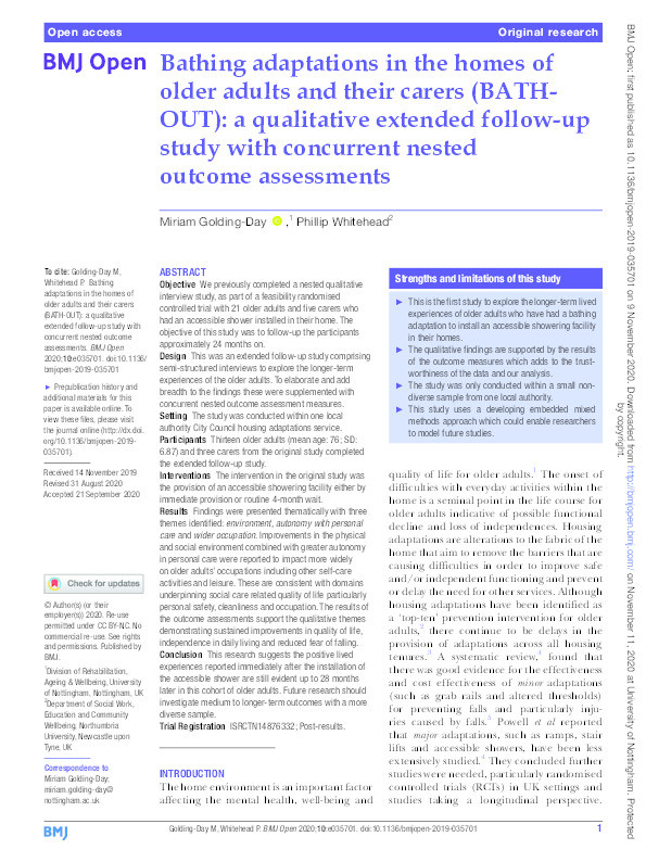 Bathing adaptations in the homes of older adults and their carers (BATH-OUT): a qualitative extended follow-up study with concurrent nested outcome assessments Thumbnail