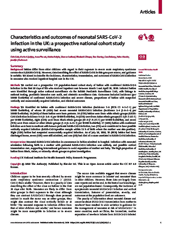 Characteristics and outcomes of neonatal SARS-CoV-2 infection in the UK: a prospective national cohort study using active surveillance Thumbnail
