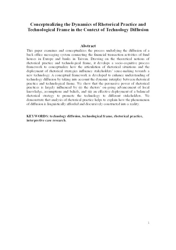 Conceptualizing the dynamics of rhetorical practice and technological frame in the context of technology diffusion and adoption Thumbnail