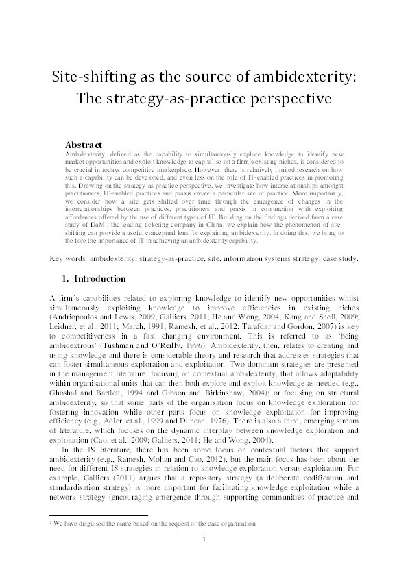 Site-shifting as the source of ambidexterity: Empirical insights from the field of ticketing Thumbnail