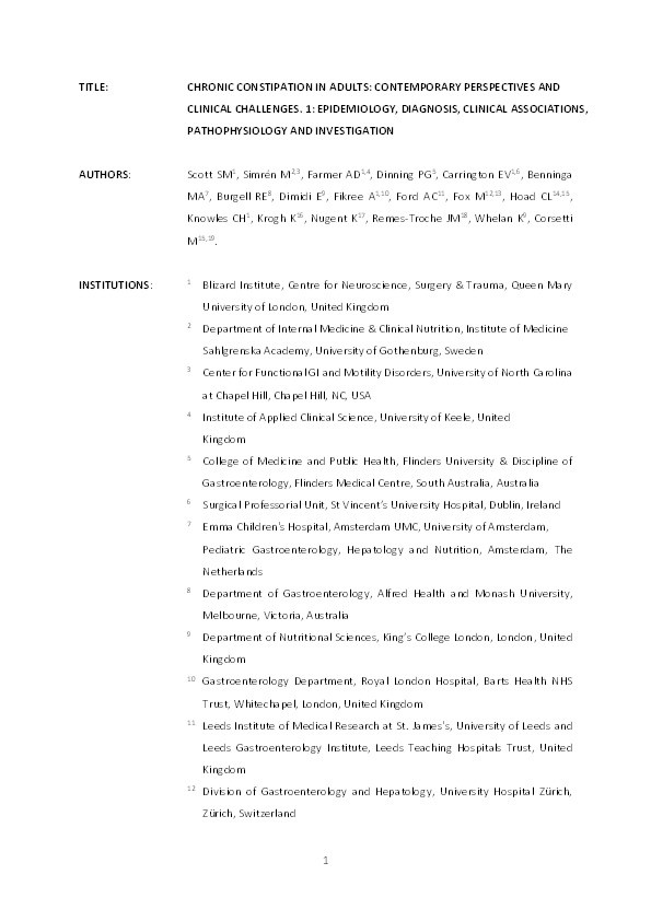 Chronic constipation in adults: Contemporary perspectives and clinical challenges. 1: Epidemiology, diagnosis, clinical associations, pathophysiology and investigation Thumbnail