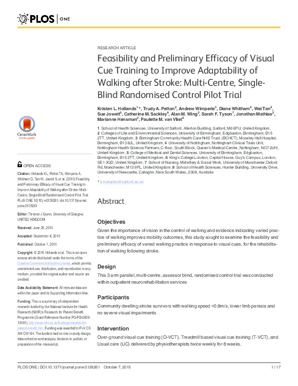 Feasibility and Preliminary Efficacy of Visual Cue Training to Improve Adaptability of Walking after Stroke: Multi-Centre, Single-Blind Randomised Control Pilot Trial Thumbnail