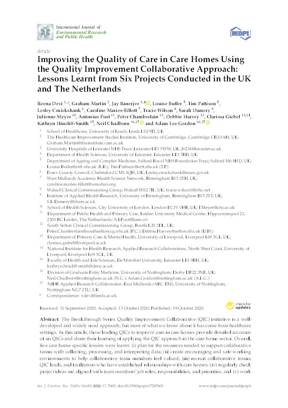 Improving the Quality of Care in Care Homes Using the Quality Improvement Collaborative Approach: Lessons Learnt from Six Projects Conducted in the UK and The Netherlands Thumbnail