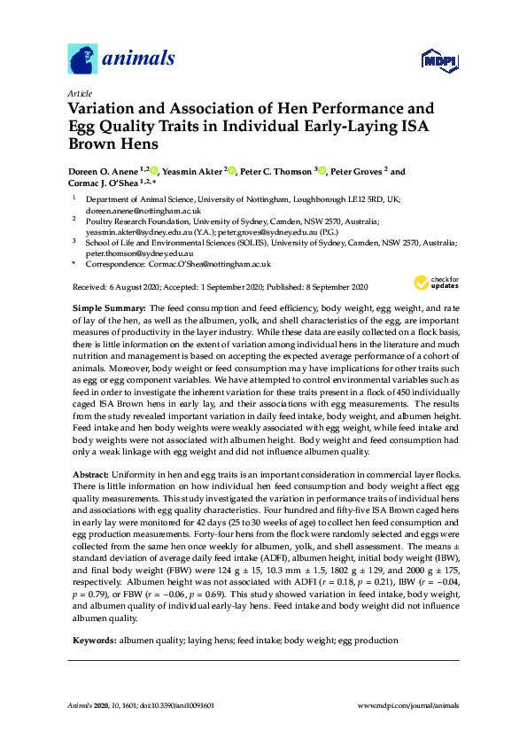 Variation and Association of Hen Performance and Egg Quality Traits in Individual Early-Laying ISA Brown Hens Thumbnail