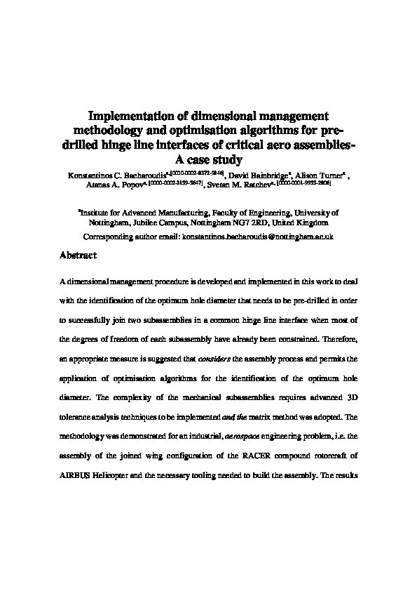 Implementation of dimensional management methodology and optimisation algorithms for pre-drilled hinge line interfaces of critical aero assemblies - A case study Thumbnail