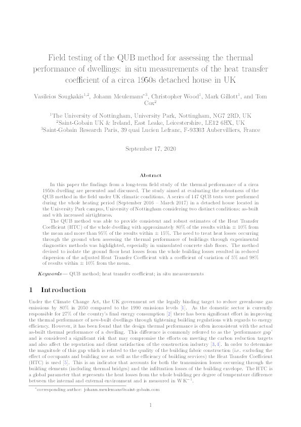 Field testing of the QUB method for assessing the thermal performance of dwellings: In situ measurements of the heat transfer coefficient of a circa 1950s detached house in UK Thumbnail
