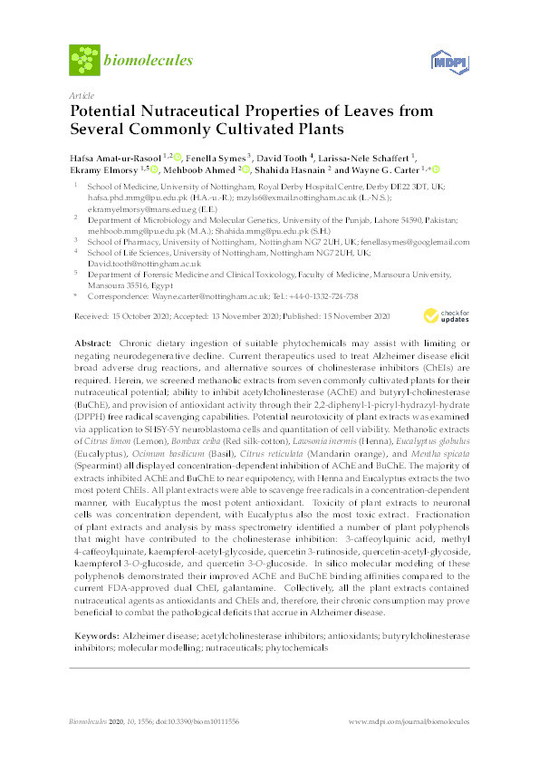 Potential nutraceutical properties of leaves from several commonly cultivated plants Thumbnail