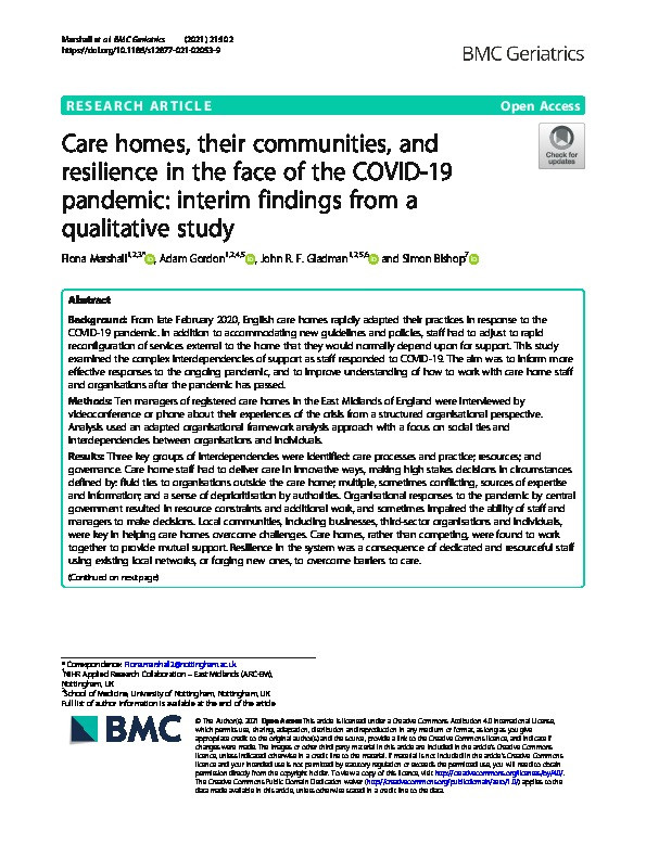 Care homes, their communities, and resilience in the face of the COVID-19 pandemic: interim findings from a qualitative study Thumbnail