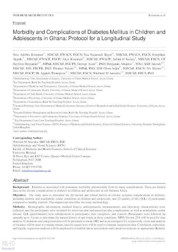 Morbidity and Complications of Diabetes Mellitus in Children and Adolescents in Ghana: Protocol for a longitudinal study Thumbnail