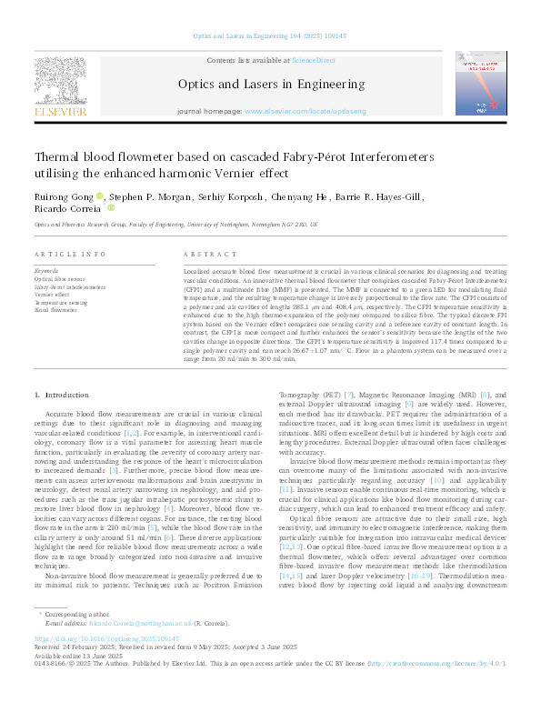 Thermal blood flowmeter based on cascaded Fabry-Pérot Interferometers utilising the enhanced harmonic Vernier effect Thumbnail