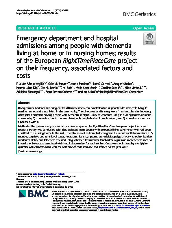 Emergency department and hospital admissions among people with dementia living at home or in nursing homes: results of the European RightTimePlaceCare project on their frequency, associated factors and costs Thumbnail
