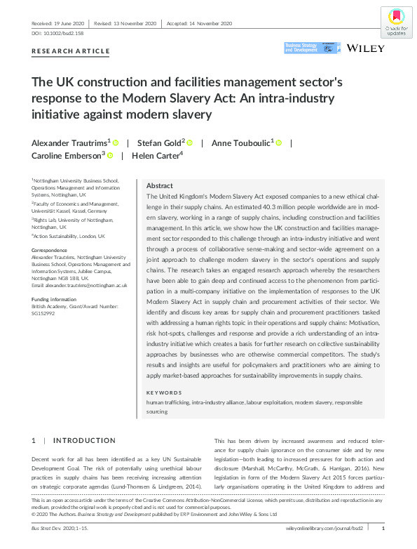 The UK construction and facilities management sector's response to the Modern Slavery Act: An intra-industry initiative against modern slavery Thumbnail