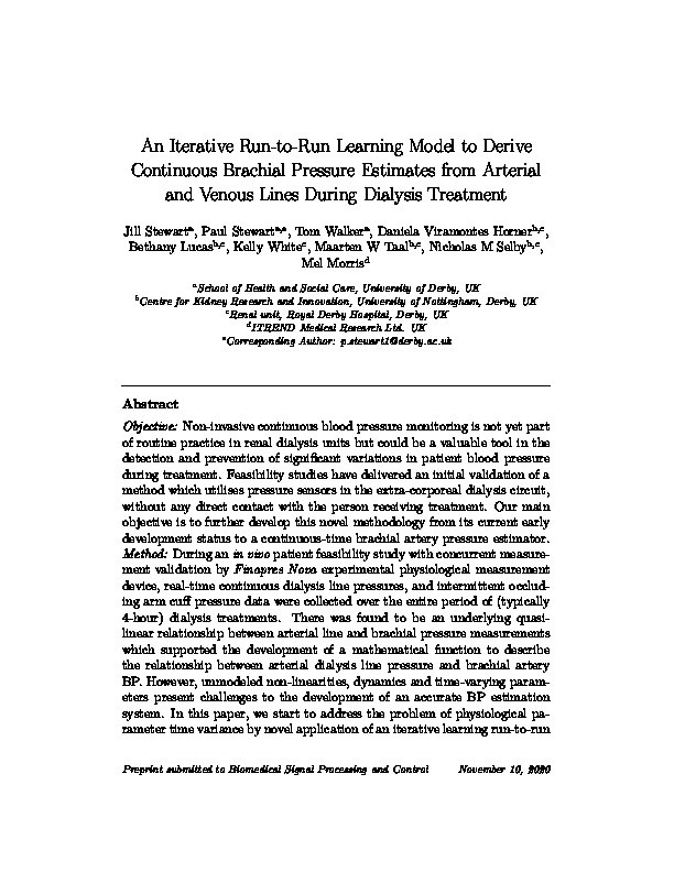 Iterative Run-to-Run Learning Model to Derive Continuous Brachial Pressure Estimates from Arterial and Venous Lines During Dialysis Treatment Thumbnail