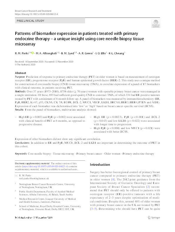 Patterns of biomarker expression in patients treated with primary endocrine therapy – a unique insight using core needle biopsy tissue microarray Thumbnail