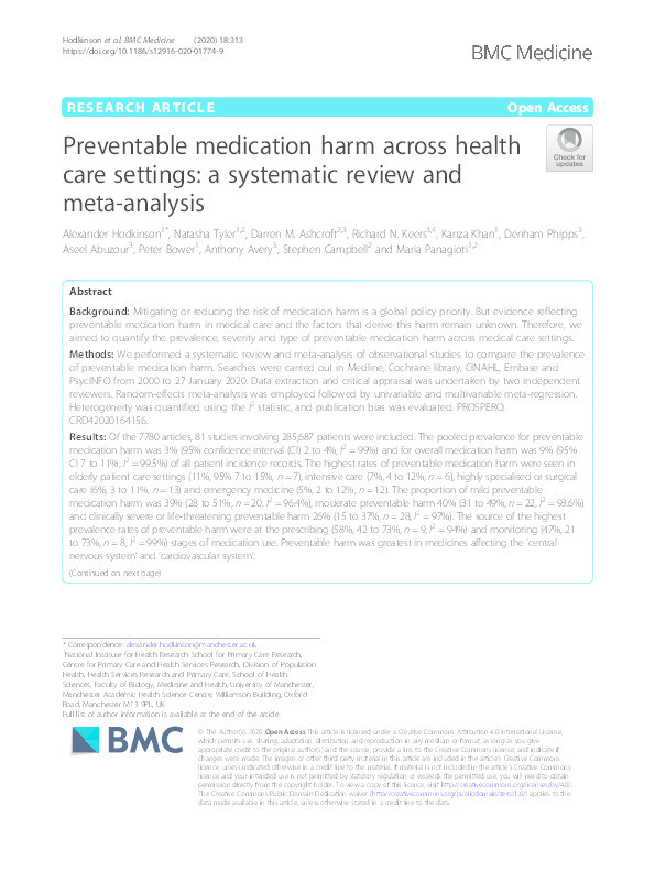 Preventable medication harm across health care settings: a systematic review and meta-analysis Thumbnail