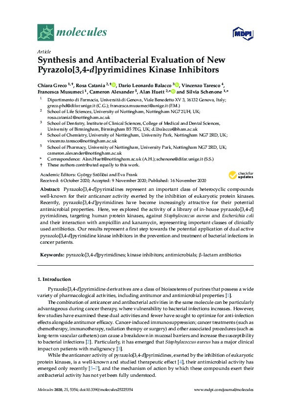 Synthesis and Antibacterial Evaluation of New Pyrazolo[3,4-d]pyrimidines Kinase Inhibitors Thumbnail