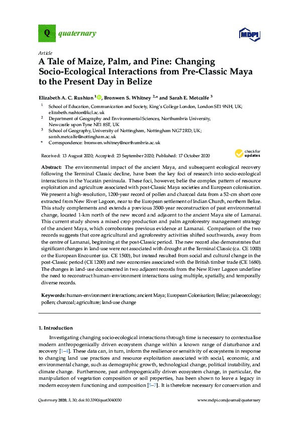 A Tale of Maize, Palm, and Pine: Changing Socio-Ecological Interactions from Pre-Classic Maya to the Present Day in Belize Thumbnail