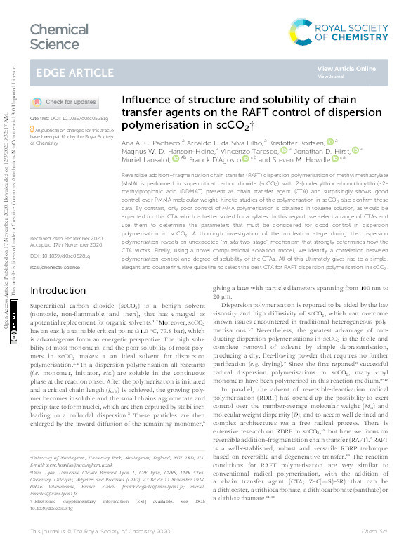 Influence of structure and solubility of chain transfer agents on the RAFT control of dispersion polymerisation in scCO2 Thumbnail