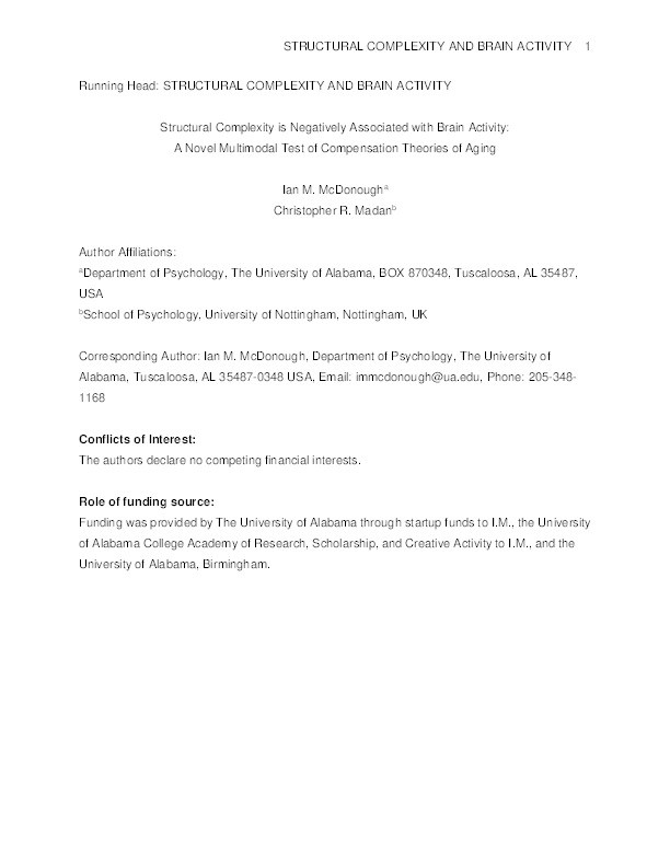 Structural complexity is negatively associated with brain activity: a novel multimodal test of compensation theories of aging Thumbnail