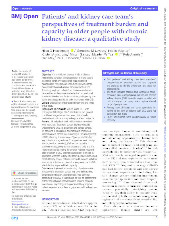 Patients' and kidney care team's perspectives of treatment burden and capacity in older people with chronic kidney disease: A qualitative study Thumbnail