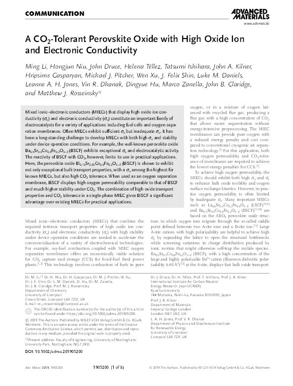 A CO2‐Tolerant Perovskite Oxide with High Oxide Ion and Electronic Conductivity Thumbnail