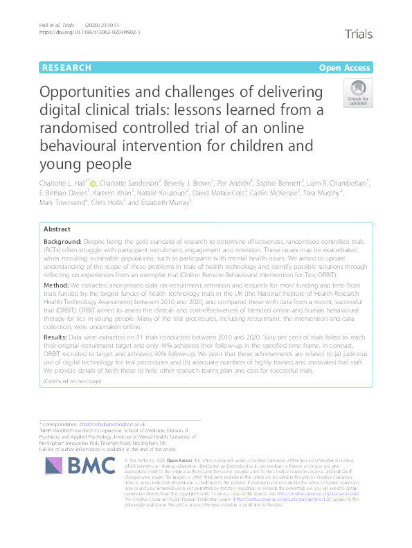 Opportunities and challenges of delivering digital clinical trials: lessons learned from a randomised controlled trial of an online behavioural intervention for children and young people Thumbnail