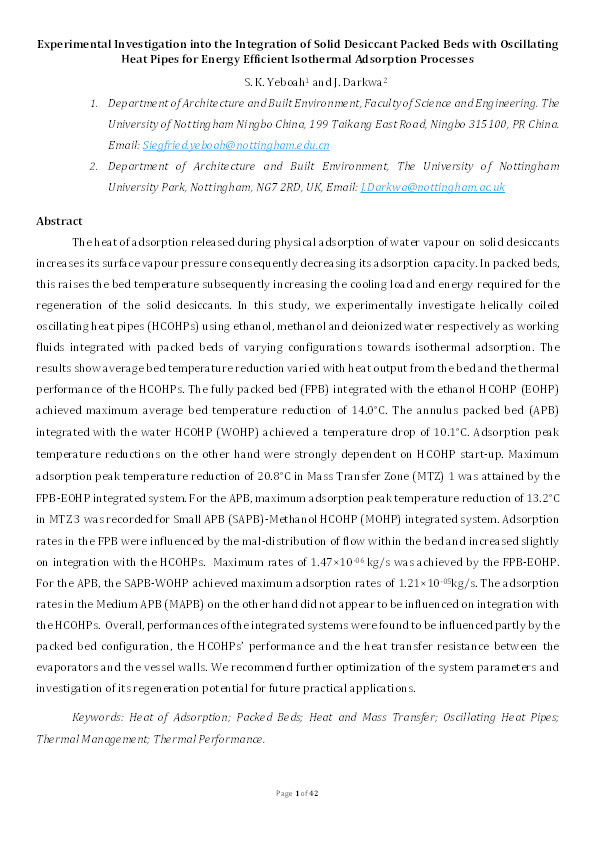 Experimental investigation into the integration of solid desiccant packed beds with oscillating heat pipes for energy efficient isothermal adsorption processes Thumbnail