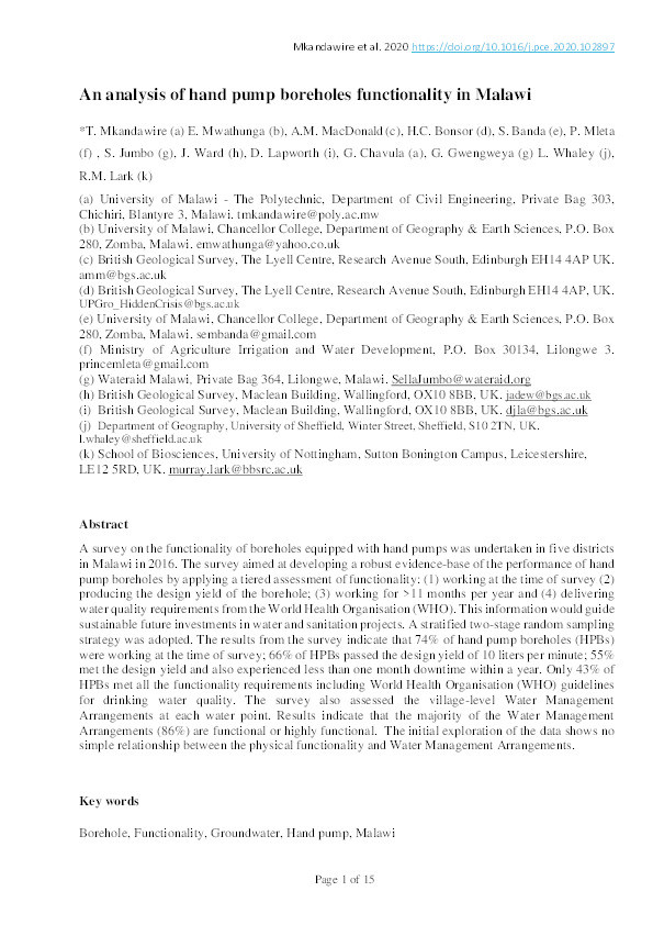 An analysis of hand pump boreholes functionality in Malawi Thumbnail