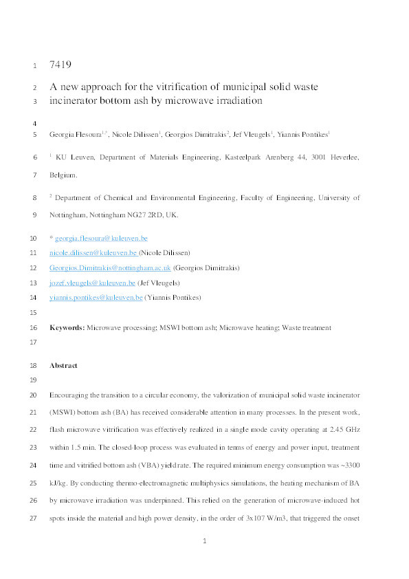 A new approach for the vitrification of municipal solid waste incinerator bottom ash by microwave irradiation Thumbnail