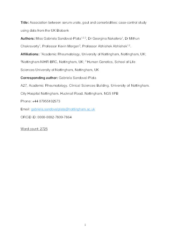 Association between serum urate, gout and comorbidities: a case–control study using data from the UK Biobank Thumbnail