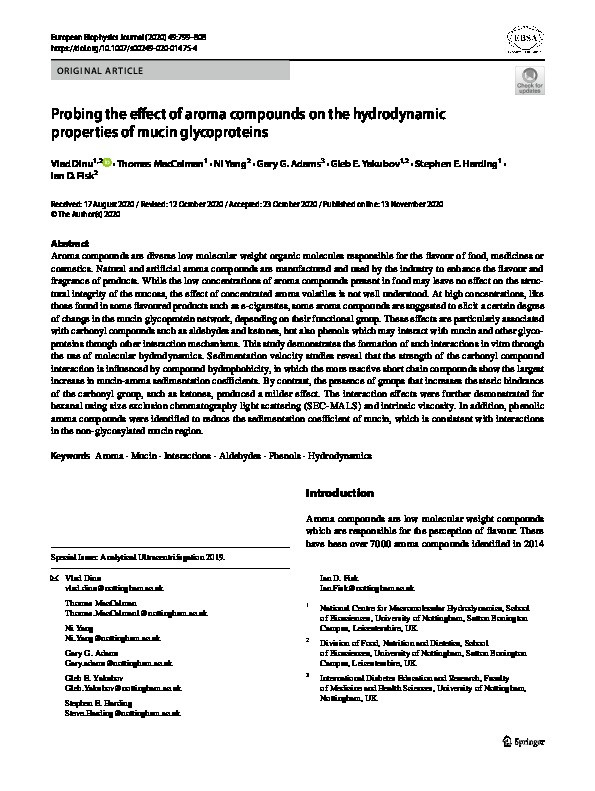 Probing the effect of aroma compounds on the hydrodynamic properties of mucin glycoproteins Thumbnail