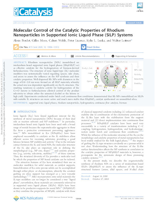 Molecular Control of the Catalytic Properties of Rhodium Nanoparticles in Supported Ionic Liquid Phase (SILP) Systems Thumbnail