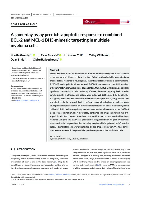 A same‐day assay predicts apoptotic response to combined BCL‐2 and MCL‐1 BH3‐mimetic targeting in multiple myeloma cells Thumbnail