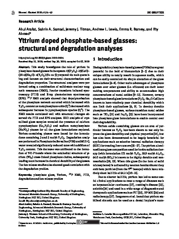 Yttrium doped phosphate-based glasses: structural and degradation analyses Thumbnail
